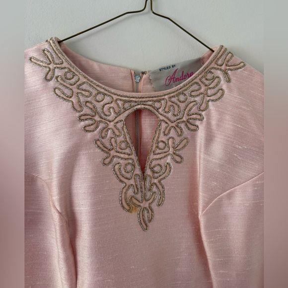 Vintage 1960s Plus Size Beaded Dress & Coat Set Raw Silk Pink Jackie O Size 16W - Picture 3 of 16